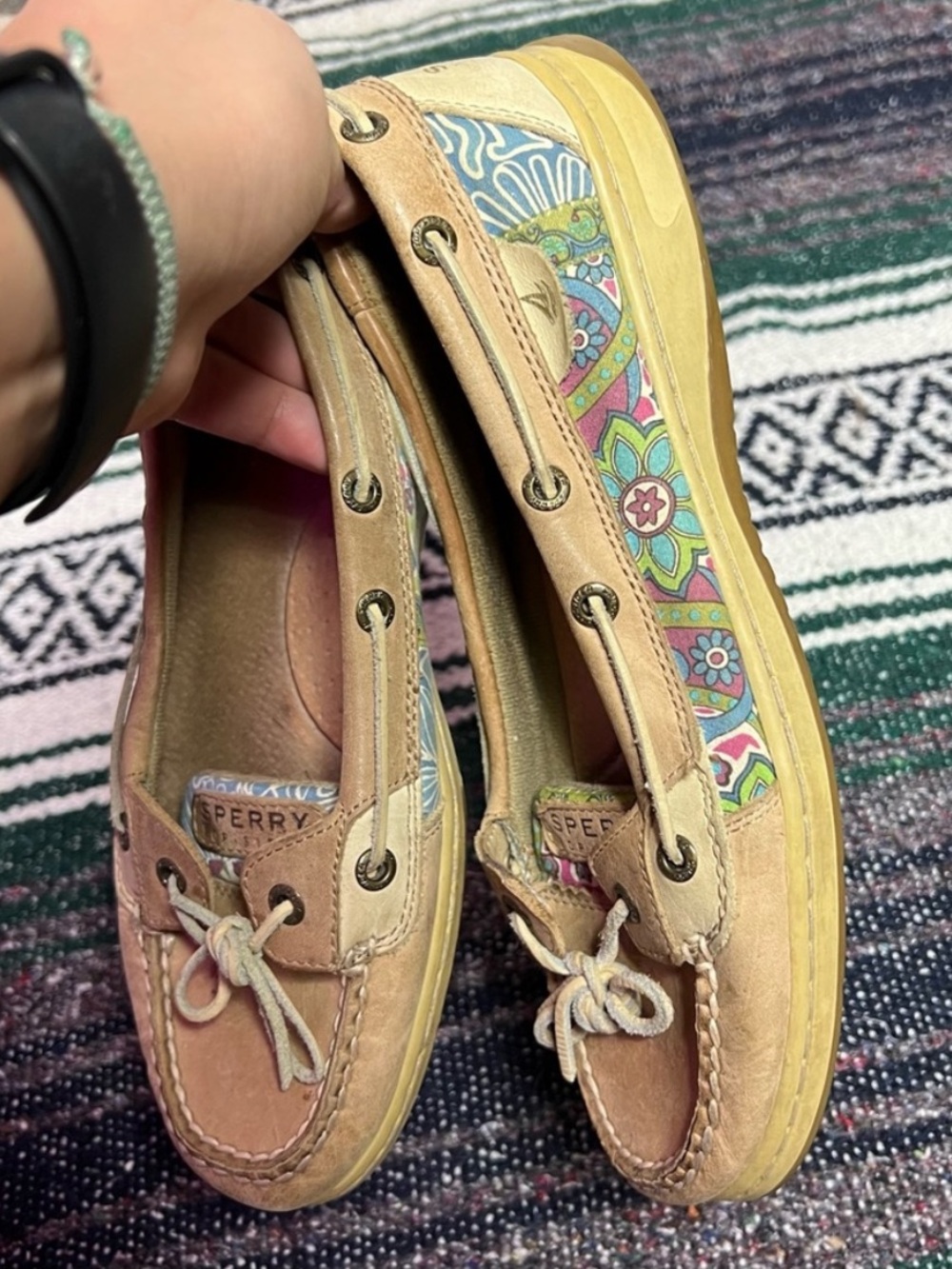 Sperry Tan Floral Canvas Boat Shoes Flats